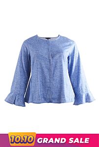 WOMEN PLUS SIZE LONG SLEEVE PRINTED CHAMBRAY TOPS - BLUE