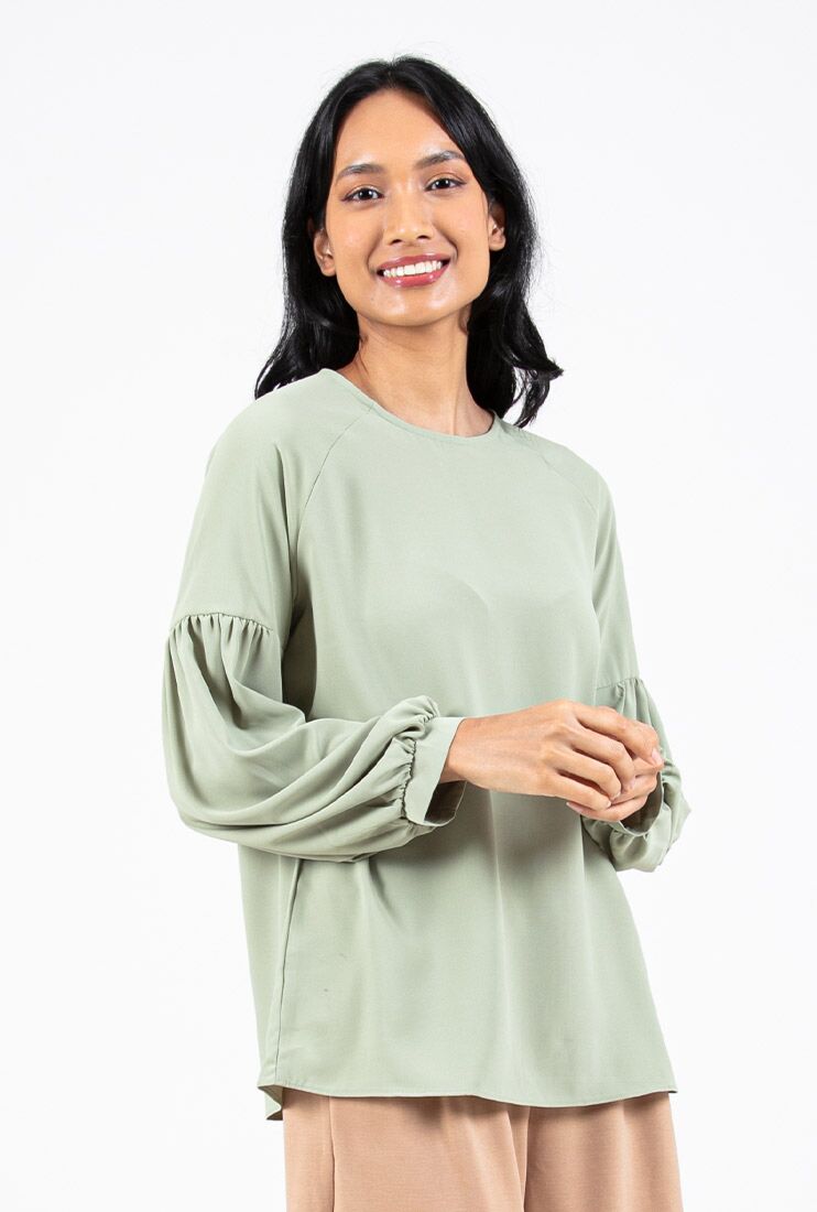 WOVEN LONG BISHOP SLEEVE BLOUSE